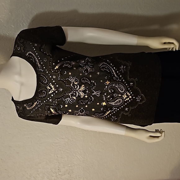 MISS ME Black Floral Paisley Bedazzled Metallic Mesh Short Sleeve Goth Tee - Picture 3 of 8